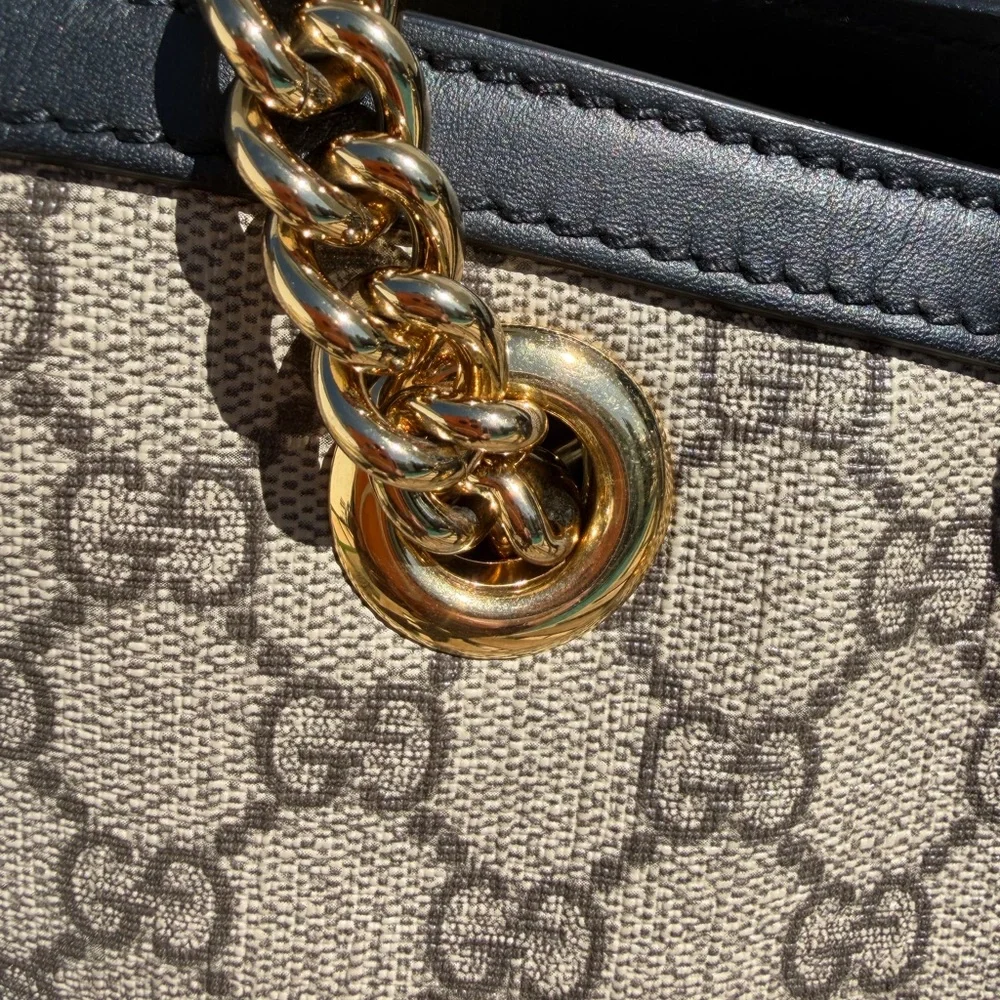 Gucci Beige GG Supreme Canvas Tote with Black Leather Trim and Gold Hardware